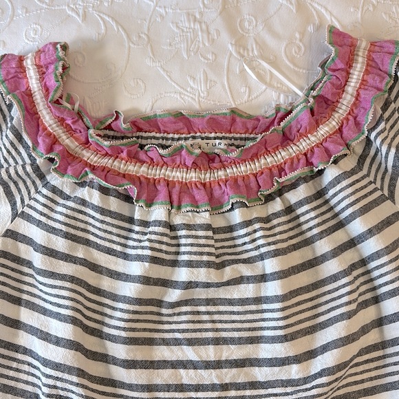 Trina Turk Coastal Linen Blend Blue and White Striped Blouse with Ruffle Size XL - Picture 4 of 5